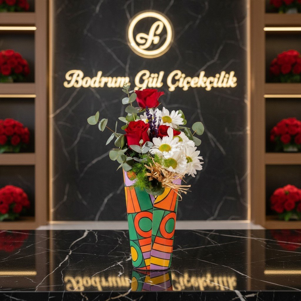 Pop Art Esintisi: Kırmızı Gül ve Beyaz Papatya Aranjmanı